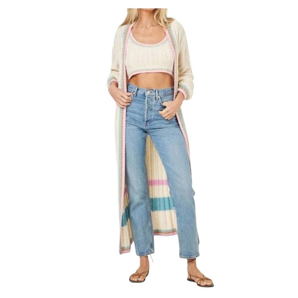 L*Space Ivy Cardigan Duster M/L Open Knit Long Stripe Pastel NWT $198